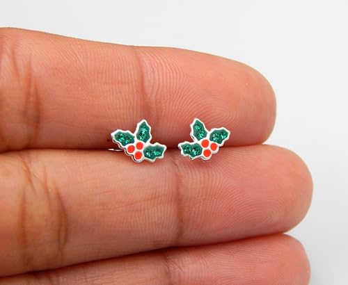 925 Sterling Silver Christmas Holly Leaf with Red Green Crystal Tiny Ear Studs Earrings for Small Earlobe or Second Ear Piercings 427764