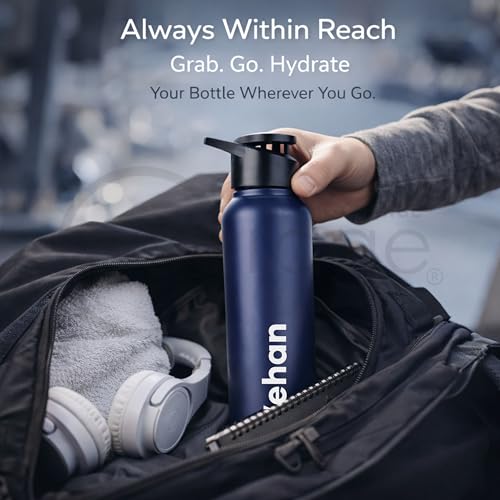 Image of COURAGE Stainless Steel Customize Sipper Water Bottle 1Liter Leak Proof for Fridge Home Office Travel School Kids Boys Girls Adults Sports Gym Yoga - Navy Blue