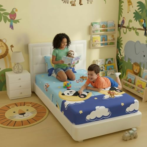 Image of Filymore Single Fitted Bedsheet with 1 Pillow Cover | Cloud Panda Bedsheet Black & Blue | 240 TC Soft Microfiber Bed Sheet for Single Bed | Comfortable, Breathable & Durable Bedding Set 72x36 inches.