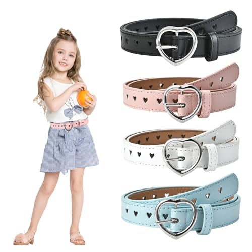 Goiern Mädchen Gürtel, Süße Herzform, Anpassbarer PU Leder Kinder Gürtel mit Metall Klettverschluss, 95CM, 4 Farben: Schwarz, Weiß, Blau, Rosa