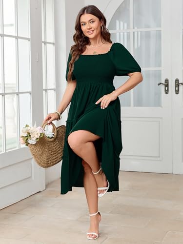 Image of Women's Plus Size Wedding Guest Dress Midi Smocked Square Neck Short Sleeve Tiered Ruffle Casual Dresses