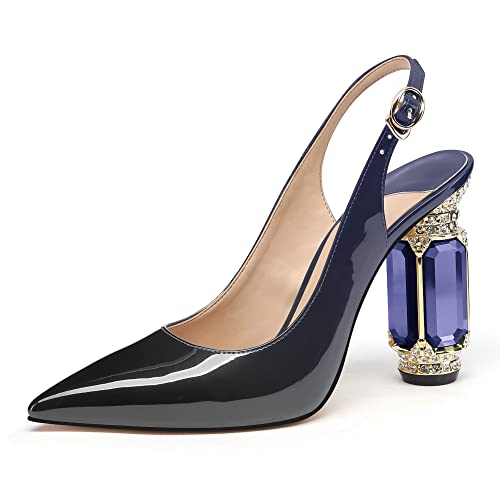 Image of JANSEVEN Women Chunky Heels Pumps Crystal Block Heels with Rhinestones Pointed Toe Sexy Gradient Patent Leather Slip on Bridal Party Wedding Dress Shoes 5-13 M US