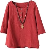 Minibee Women's 3/4 Sleeve Cotton Linen Jacquard Blouses Top T-Shirt (2XL, Red)