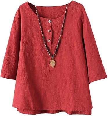 Minibee Women's 3/4 Sleeve Cotton Linen Jacquard Blouses Top T-Shirt (2XL, Red)