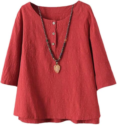 Minibee Women's 3/4 Sleeve Cotton Linen Jacquard Blouses Top T-Shirt (2XL, Red)