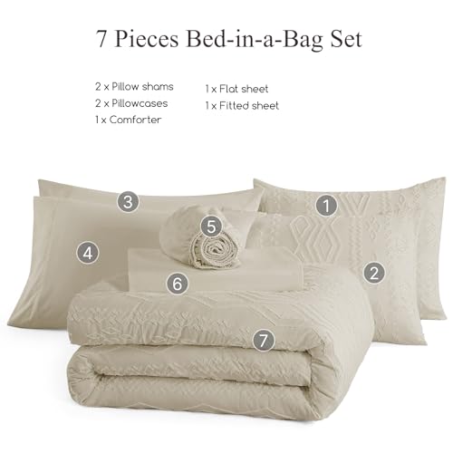 Image of AMBERSPACE Oversized Queen Size Comforter Set Beige, Tufted Farmhouse Bedding Boho Bed Set, All Season 7 Pieces Bed in a Bag with Sheets, Pillowcases & Shams