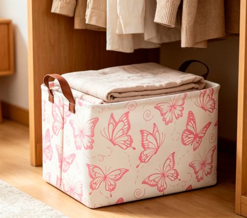Image of CLOCOR Rectangular Fabric Storage Bin, Waterproof Storage Box with Handles(Pink Butterfly)