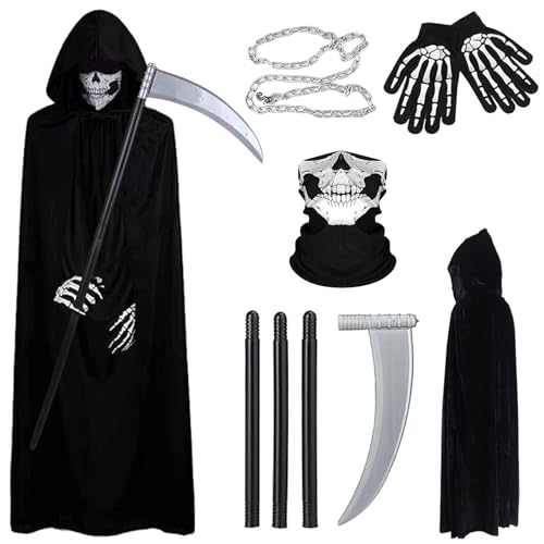 Ligtmor Grim Reaper Costume, Disfraz Halloween Hombre adulto, Guadaña Halloween, Máscara de Calavera, Collar, Guantes