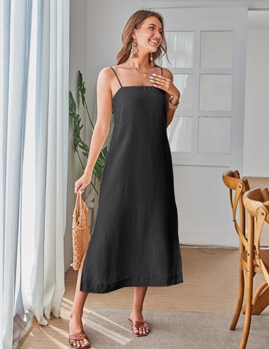 100% Linen Dress Square Neck Sleeveless Spaghetti Strap Summer Casual Midi Summer Dresses with Slit4