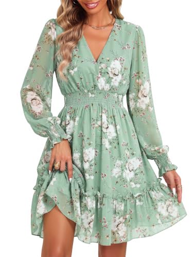 Image of Prettywear Women's Chiffon Long Sleeve Wrap Neck Wedding Guest Mini Dress | Wrap V Neck Smocked Waist Flowy Dress, Spring Fall Outfits for Cocktail, Vacation, Date Night Party
