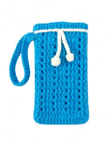 Image of Handmade Crochet Mobile Pouch for Women & Girls | Knitted Phone Holder with Wrist Strap | Cute Floral Aesthetic Mobile Cover Case | Soft Yarn Handmade Gift (Bluewhite)