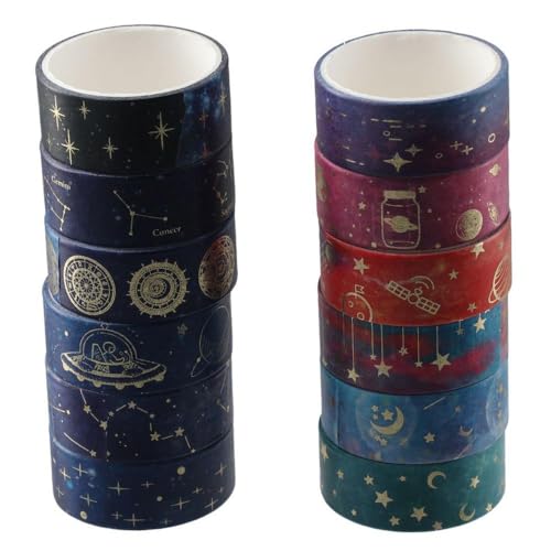 12ロール ギャラクシー パープル 和紙テープ、金箔和紙マスキングテープ、星空シリーズ ブロンズ 紙テープ 装飾マスキング ラベル ステッカー アート用