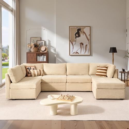 Image of ovios Modular Sectional Sofa Couch with Sofa Bed L-Shape Chaise, Comfy Plush Corduroy Cloud Couches, Modern Luxury Deep Seat Sofas Set for Living Room, 6-Seater, Beige