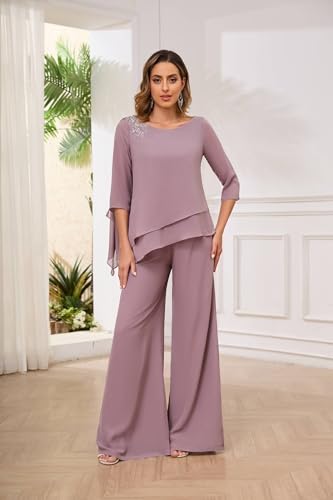 Women's 2PC Mother of The Bride Pants Suits for Wedding Lace Appliqued Chiffon Formal Outfit3