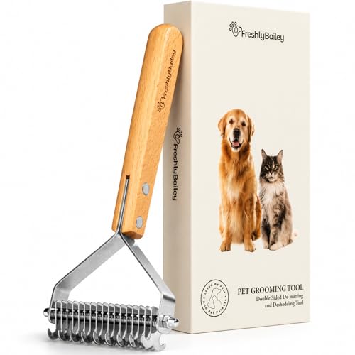 Freshly Bailey Dematting Comb for Cats and Dogs, Mat Remover and Deshedding Grooming Tool, Safe Detangler for Matted Fur, Double Sided Undercoat Rake