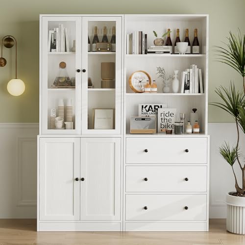 VOWNER Estantería con Puertas, 180 cm Vitrina de Cristal, Librería de 6 Niveles con Puertas y Armario, Vitrina Salón, Aparador Comedor,...