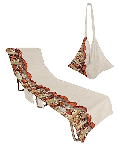 Forest Mushroom, Beach Lounge Chair Towel Cover, Soft Chaise Lounge Towel with Side Pockets Patio Pool Chairs Cover for Beach/Pool Sunbathing 29x85 Cartoon Magic Wonder-land Vintage Fairy Leaves