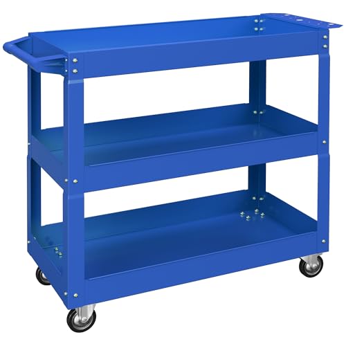 DURHAND Carro de Herramientas con Ruedas Carro de Taller de Acero con 3 Estantes de Almacenamiento y Asa Lateral para Garaje Mecánico Hogar Carga 150 kg 83x35,3x76 cm Azul