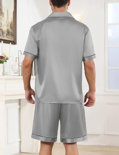Image of Veseacky Mens Silk Satin Pajamas Set Short Sleeve Sleepwear Button-Down Pjs Sets Two-Pieces Loungewear with Pockets S-XXL