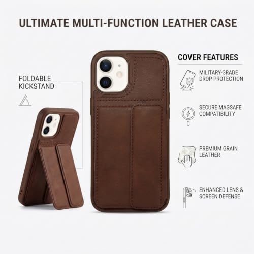 Image of amazon basics Luxury Vegan Leather Back Cover for iPhone 12 | Built-in Card Holder Slot | Integrated Mobile Stand | Slim Shockproof Protective Case with Stitched Finish - Brown