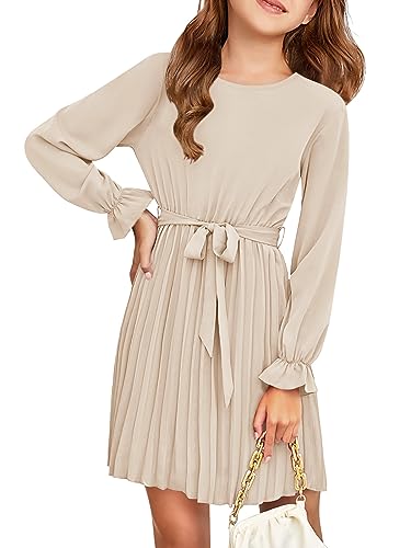 Foshow Girls Puff Long Sleeve Dresses Kids A Line Pleated Wrap Belt Crew Neck Flowy Holiday Midi Dress
