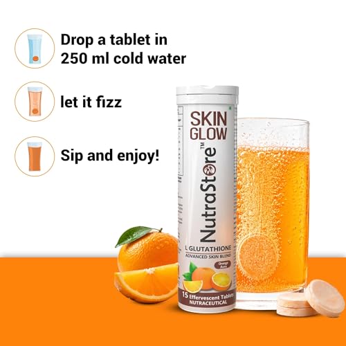 Image of NutraStore Skin Glow | L Glutathione Effervescent Tablets Pack of 2 | Vitamin C, Hyaluronic Acid, Biotin, Astaxanthin & Zinc | Antioxidant Skin Wellness Formula | Orange Aura Flavor | 2 x 15 Effervescent Tablets