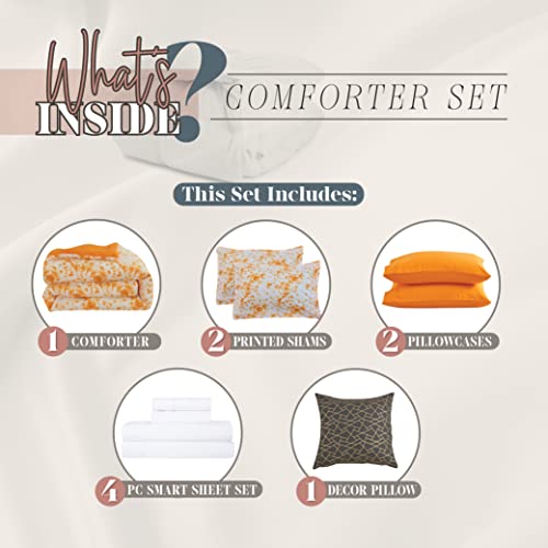 Image of Elegant Comfort Reversible 10-Piece Comforter Set, Tie-Dye Print, Decorative Pillow and Fitted Sheet with Smart Pockets, Soft, Plush, Lightweight Material, 10pc Tie-Dye Set, King, Orange