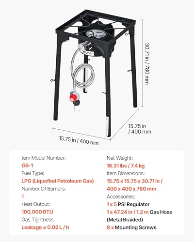 Image of VEVOR Single Burner Outdoor Propane Gas Stove, 100,000 BTU Propane LPG Gas Camping Stove, Heavy Duty Carbon Steel Outdoor Cooker, with Tall Stand & PSI Regulator, for BBQ Camp Home Patio RV Cooking