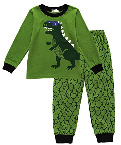 EULLA Schlafanzug Jungen Kinder Langarm Baumwolle Dinosaurier Traktor Bagger Zweiteiliger Pyjama Set Nachtwäsche 1-7 Jahre 92 98 104 110 116 122 B-Grün Dinosaurier DE 92 Cover