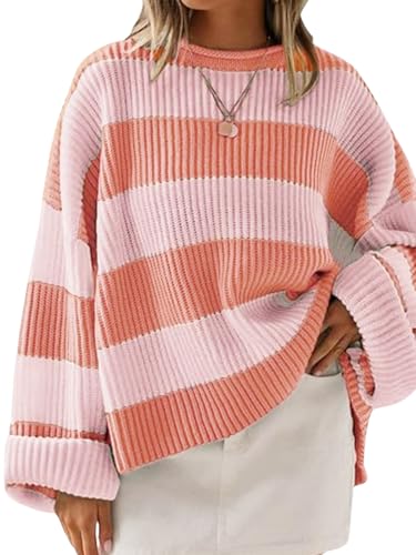 Image of Simier Fariry Women Fall Oversized Pullover Sweater Drop Shoulder Long Sleeve Comfy Knitwear Retro Stripe Casual Outfit 2025