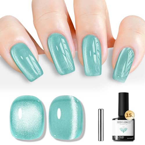 Image of modelones Green Cat Eye Gel Nail Polish Blue Turquoise Gel Polish Jelly Glass with Magnet Holographic Glitter Shimmer Translucent Sheer Color Magnetic Nail Polish 15 ML