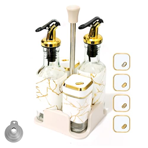 SAEIV Olivenöl Flasche Essig und Olflaschen Set (5-Teiliges Set), Salzstreuer mit Drehbarem Deckel aus Edelstahl für Mehr Auslaufmöglichkeiten, Ol und Essigspender mit Auslaufsicherem Design