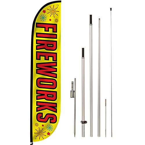 LookOurWay Feather Flag Set, 12 ft Advertising Flag with Fiberglass Poles and Ground Spike for Business Promotion, Fireworks (Yellow)