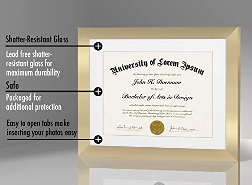 Americanflat 11X14 Diploma Frame In Gold - Displays 8.5X11 Diplomas With Mat Or 11X14 Without Mat - Shatter-Resistant Glass And Hanging Hardware Included #TOP3