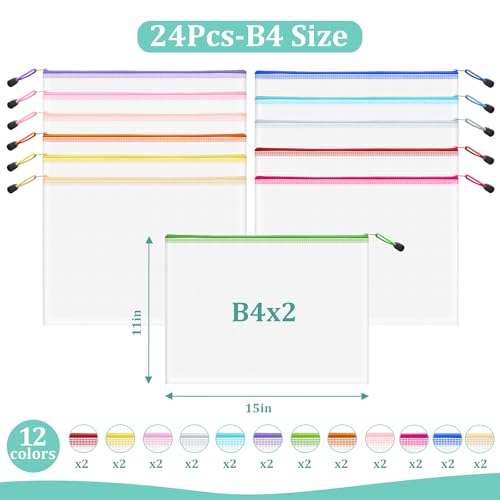Image of 24pcs Mesh Zipper Pouch Bags, B4 Sizes Zipper Pouch, Mesh Bags with Zipper, Plastic Zipper Pouches, 12 Colors Zipper Pouches for Organizing, Puzzles, Travel, School Office Storage