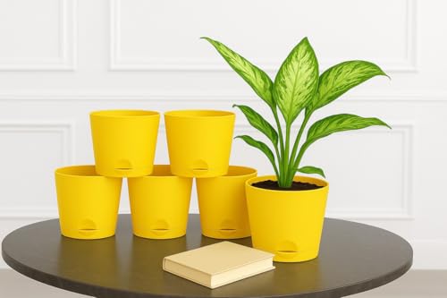 Image of Maxx Plast 5 Inch Self Watering Pots | Set of 5 Decorative Plastic Planters for Indoor & Outdoor Plants | Durable, Lightweight & Colorful Flower Pots - Just ₹299 (Lemon Yellow)