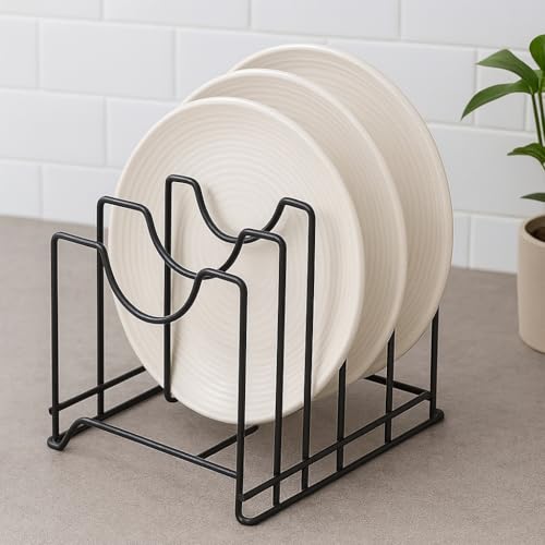 Image of Countertop Plate Stand - 4-Section Dish Rack Organizer for Kitchen, Durable Iron Rack, Space-Efficient Black Dish Holder (9 x 7 x 8.5 Inches)