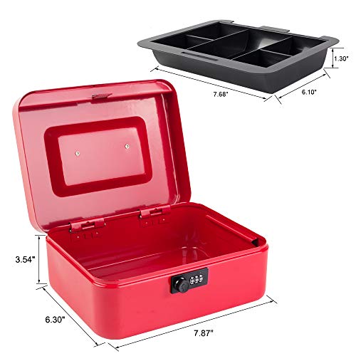 Image of KYODOLED Medium Cash Box with Combination Lock Safe Metal Money Box with Money Tray for Security Lock Box 7.87 inchx 6.30 inchx 3.54 inch Red Medium