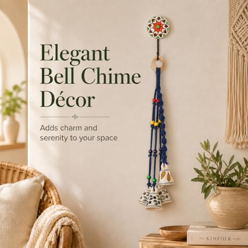 Image of KAAMERI BAZAAR Macrame Wind Chimes Enhance Living Space for Diwali (4 Bells, 1 Ring Tied with Blue Macrame Thread)