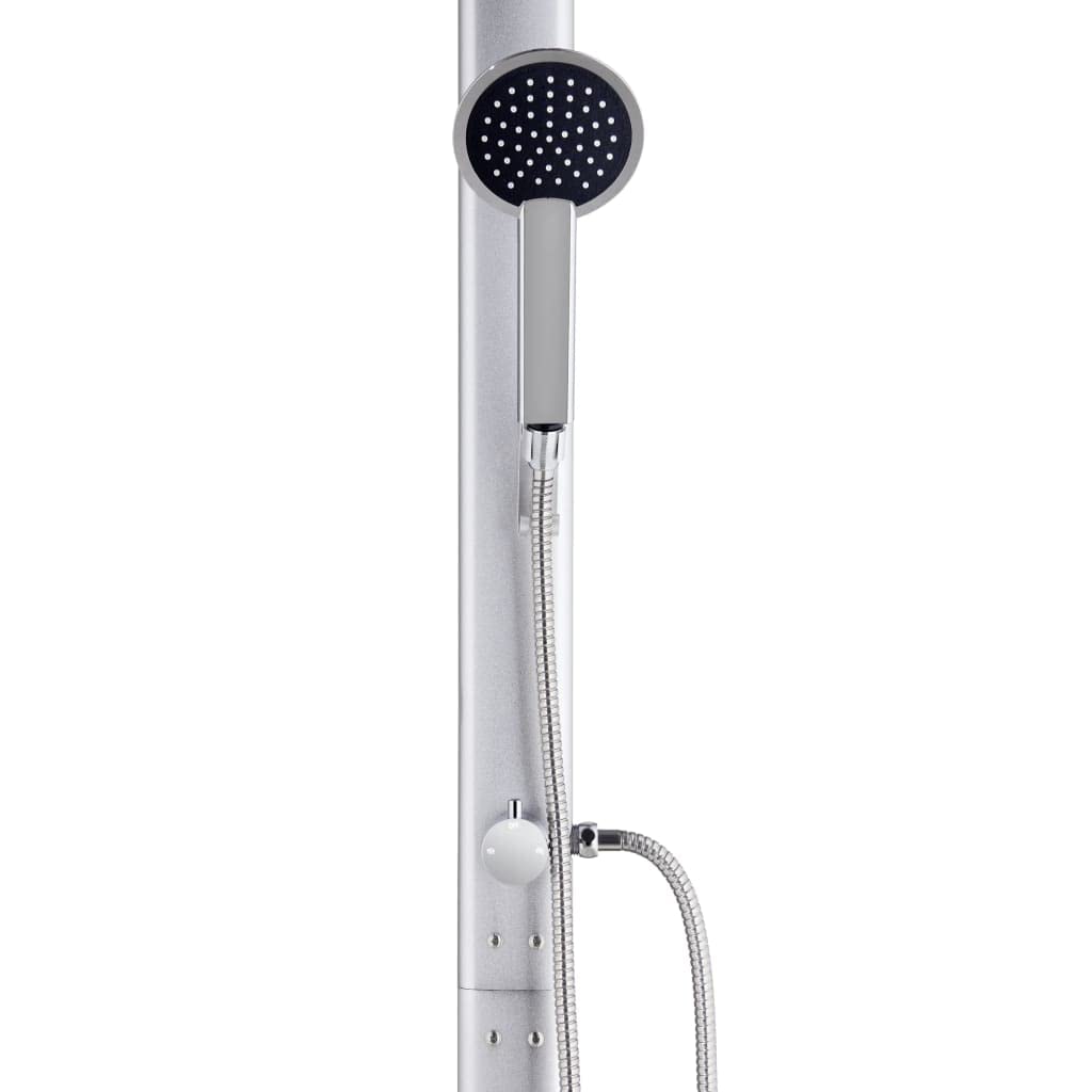 Ducha de jardín de aluminio de 220 cm con placa base gris, ducha de cabeza y ducha de mano, manguera flexible de doble bloqueo de 1,5 m, soporte de ducha de mano para toalla, placa de suelo
