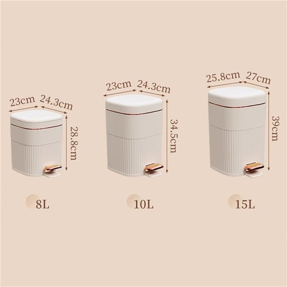 Waste Paper Basket kosz na śmieci 8/10/15 l z pokrywką Soft-Close, kosz na śmieci w stylu retro, z tworzywa sztucznego, z pierścieniem dociskowym, do salonu, sypialni i łazienki (kolor