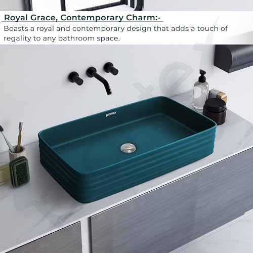 Image of Plantex Ceramic Designer Washbasin for Bathroom /Countertop Bathroom Basin /Rectangle Tabletop Wash Basin for Home /Office /Restaurant (Pine Blue - 26 x 15 x 5 Inch)