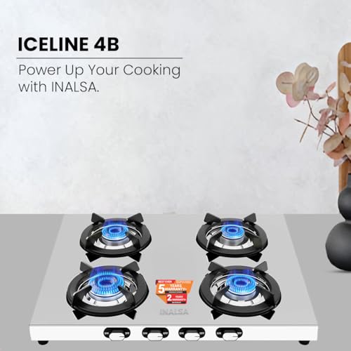 Image of INALSA Premium Gas Stove 4 Burners Steel Body|Include Commercial & Tornado Brass Burner|LPG Ready & PNG Compatible|Slim Gas Stove |5 Yr Warranty on Burner & 2Yr On Product|Gas Chulha(Iceline 4B)
