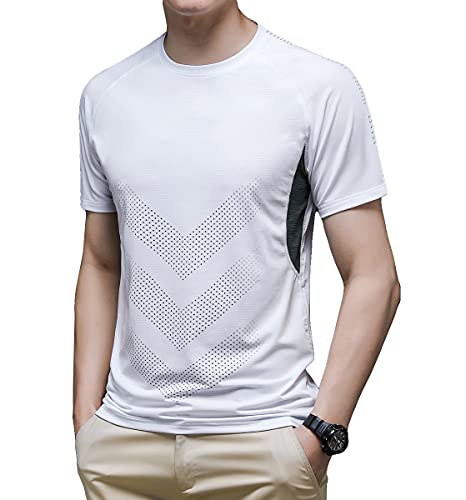 [Kozy More] 機能性 メンズ Tシャツ 涼しい 半袖 消臭 吸汗速乾 シャツ DRY 抗菌 防臭ドライ リフレクター スポーツ 運動着 丈夫 ティーシャツ 夏服 (XL, 02-White)