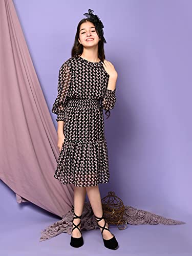 Image of LILPICKS Girls All Over Printed Drop Waist Long Sleeve Dress (Black Purple)
