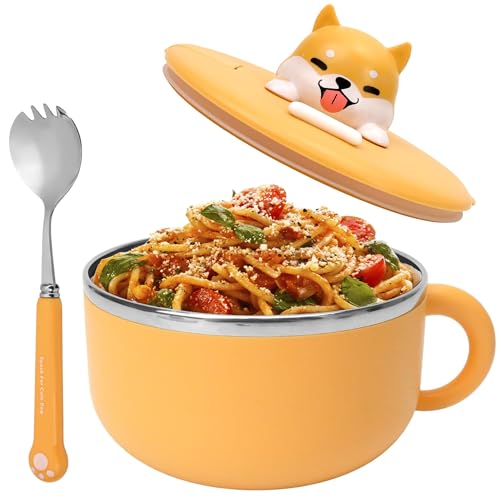 Générique Bol de Nouilles Instantanées avec Poignées, 1200 ml, avec Couvercle et Cuillère, Portable, Micro-ondes, pour Soupe, Ramen, Boulettes, Salades