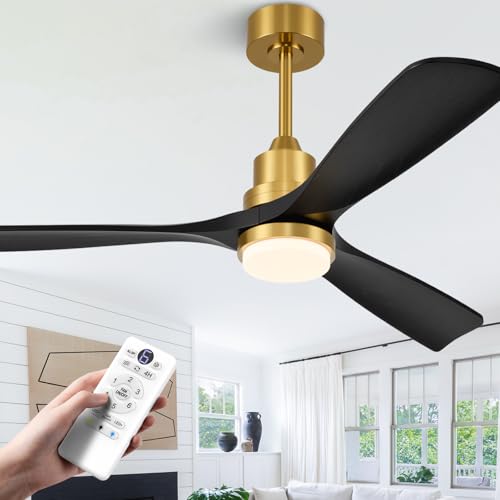 ORGINESE 52 inch Smart Ceiling Fan with Lights Outdoor Ceiling Fan 3 Wood Blades Compatible with Alexa/Gg Voice Control&App&Remote Quiet DC Motor for Covered Patio Porch Bedroom Black and Gold