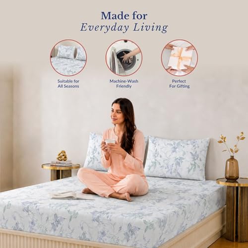 Image of Jaipur Weaves Queen Size Fitted Bedsheet Cotton with Elastic, 100% Pure Cotton Double Bed Fitted Sheet with 2 Pillow Covers, 240 TC, 60x78 Inches up to 8-inch Mattress, Floral Design - (Green Floral)