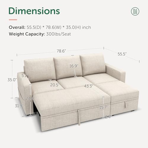 Image of HONBAY Modular Sectional Sleeper Sofa with Pull Out Bed, L Shaped Couch with Storage Seat, Modular Sectional Couches for Living Room - Beige