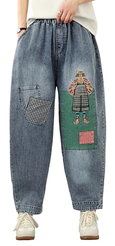 LAI MENG FIVE CATS Women Baggy Jeans Elastic Waist Barrel Denim Loose Harem Ankle Pants